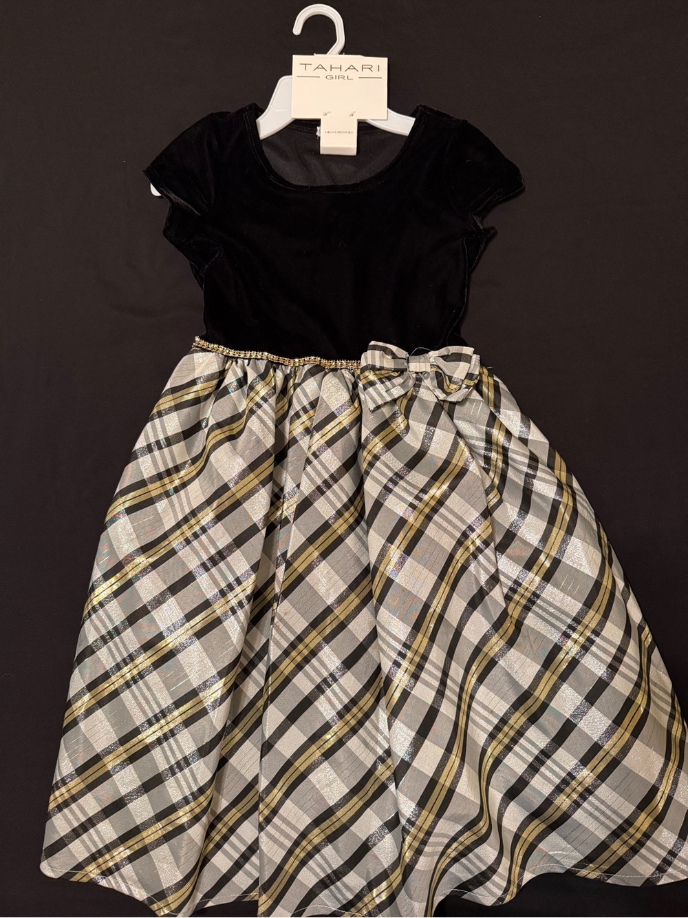 Tahari Black Velvet Top with Gold and White Plaid Skirt Dress